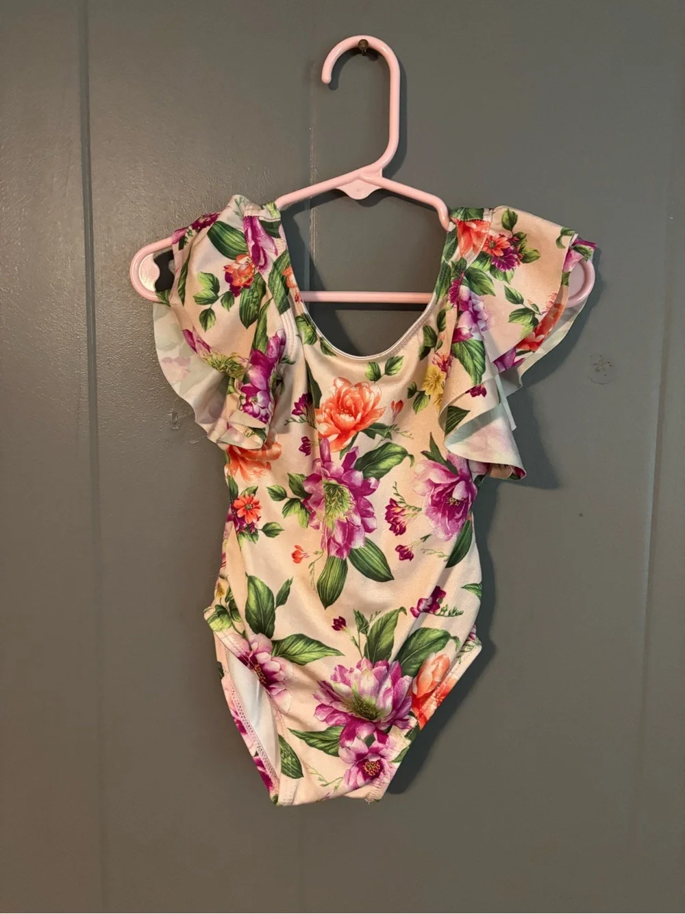 Janie and Jack Floral Ruffle One-Piece Swimsuit - Pink, Purple & Green
